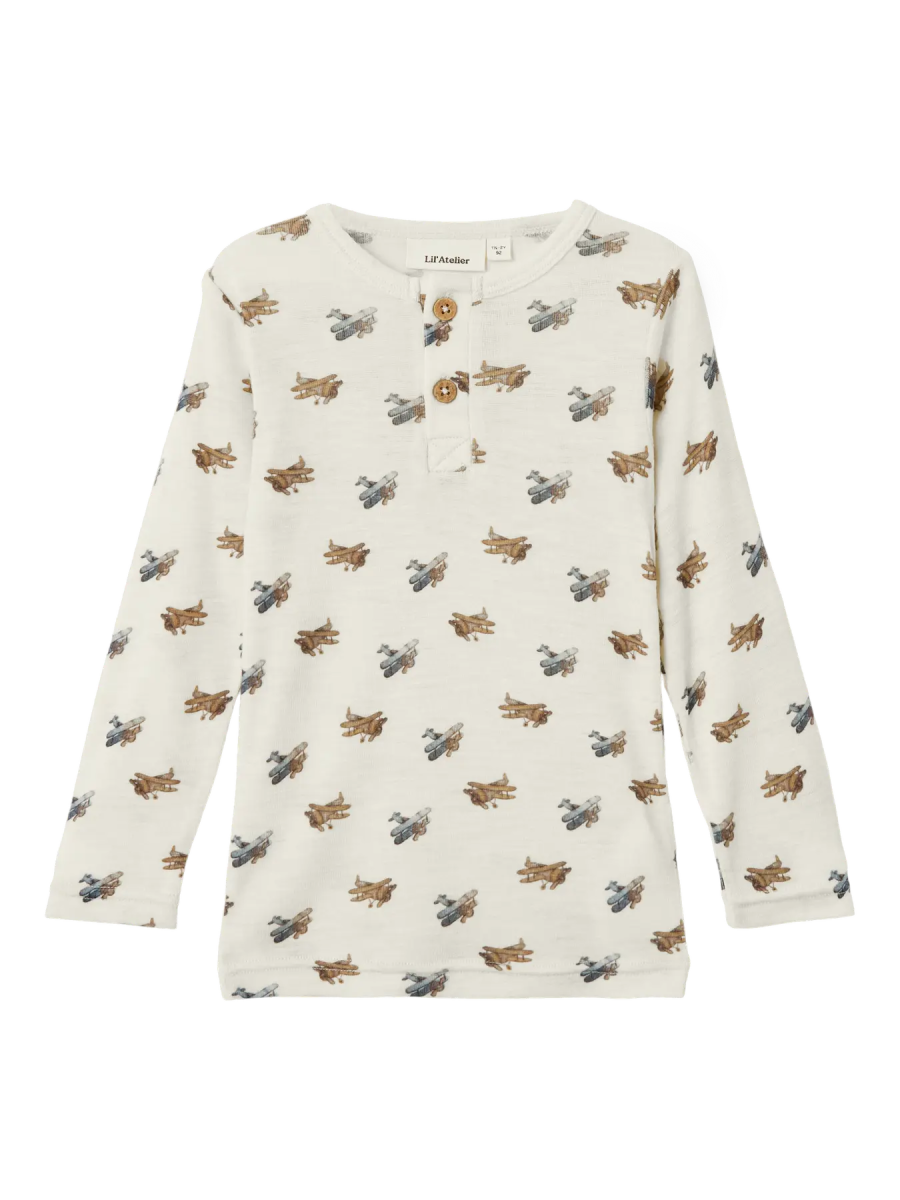 Lil' Atelier Mini WOOL NALU LS SLIM TOP - Turtledove Melange | Airplane | Torgunns Barneklær AS