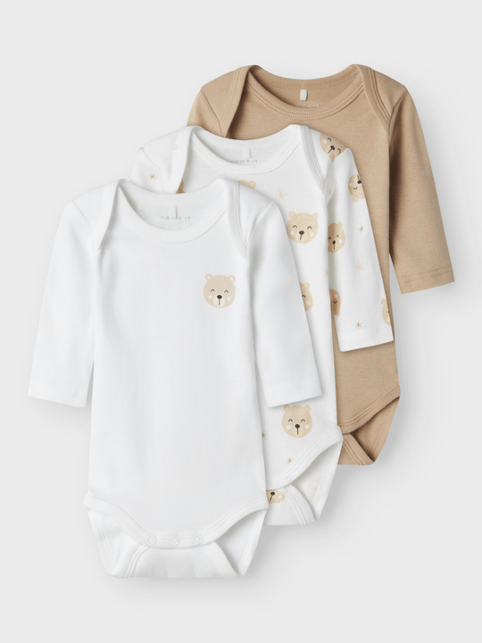 name it baby BODY 3PK BEAR NOOS - Oxford Tan | Torgunns Barneklær AS