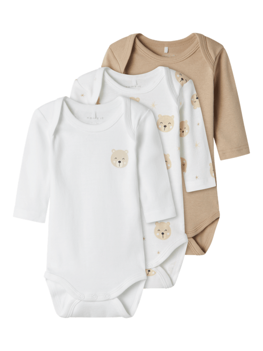 name it baby BODY 3PK BEAR NOOS - Oxford Tan | Torgunns Barneklær AS