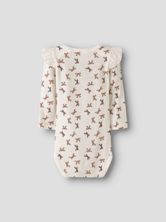 name it baby WANG WOOL RIB LS BODY AOP W/FLOUNCE - Snow White | Bows | Torgunns Barneklær AS