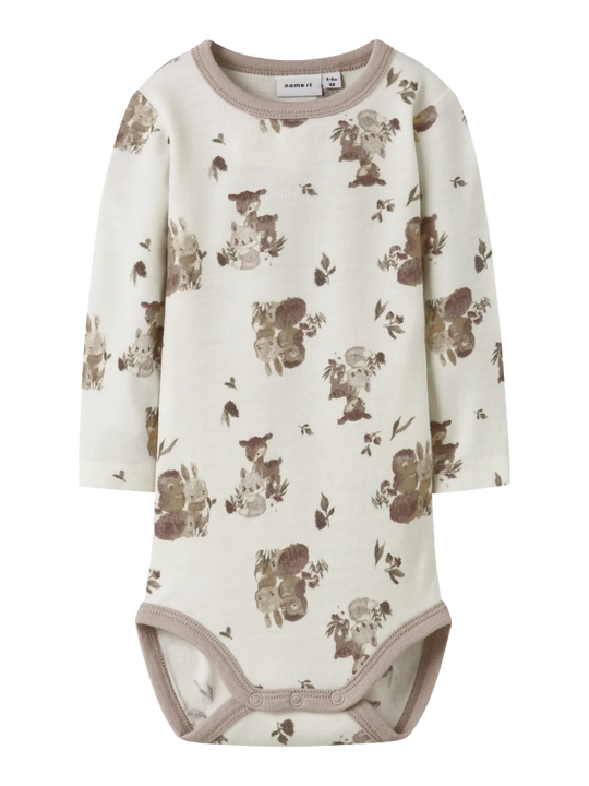 name it baby WILLU WOOL LS BODY - Snow White | Forest animals | Torgunns Barneklær AS