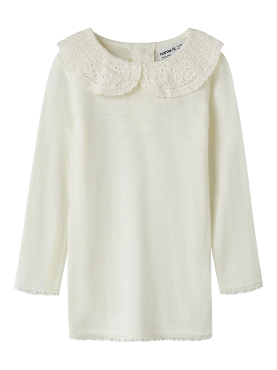 name it mini WANG WOOL NEEDLE LS TOP W/COLLAR - Snow White | Torgunns Barneklær AS