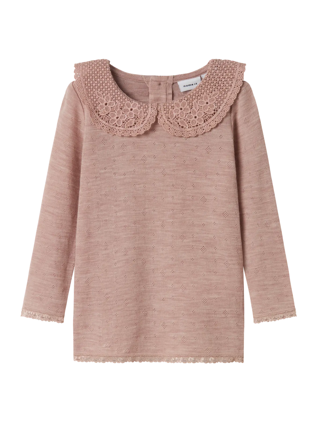 Langermet ulltrøye til jente fra name it mini i fargen Shadow Gray. Ribbestrikket topp i merinoull med liten krage. Tilgjengelig hos Torgunns.no.