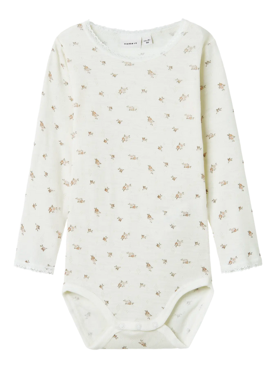 name it mini WANG WOOL NEEDLE LS BODY - Snow White | Small flowers - Torgunns Barneklær AS