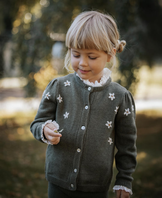 FLIINK DAISY HAND EMBROIDERED CARDIGAN - BEETLE