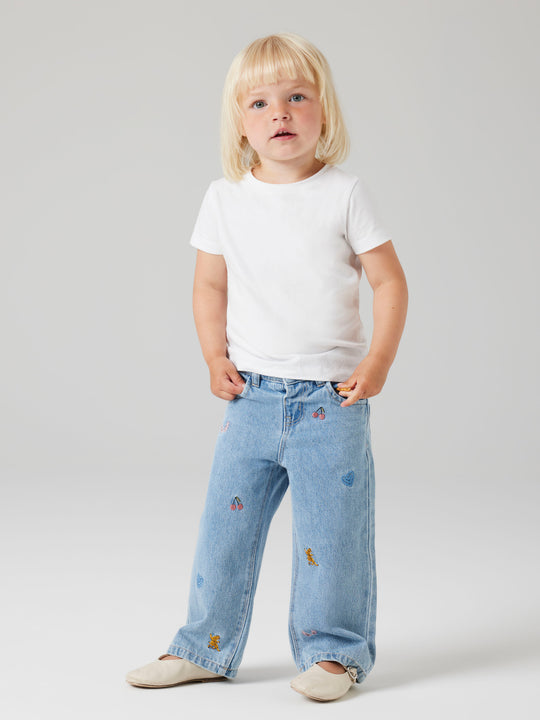 name it mini ROSE WIDE EMB JEANS - Light Blue Denim - Torgunns Barneklær AS