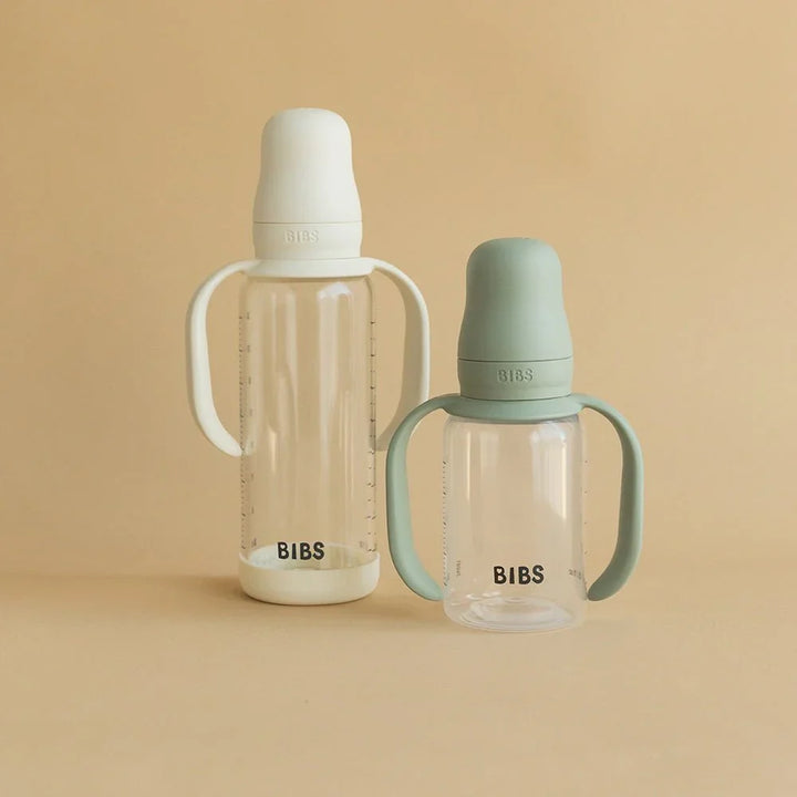 BIBS babyflasker med håndtak i hvit og mint, ideelle for spedbarn og småbarn