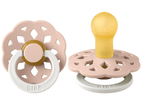 BIBS naturlig gummipinne i rosa og gul, myk og sikker for spedbarn