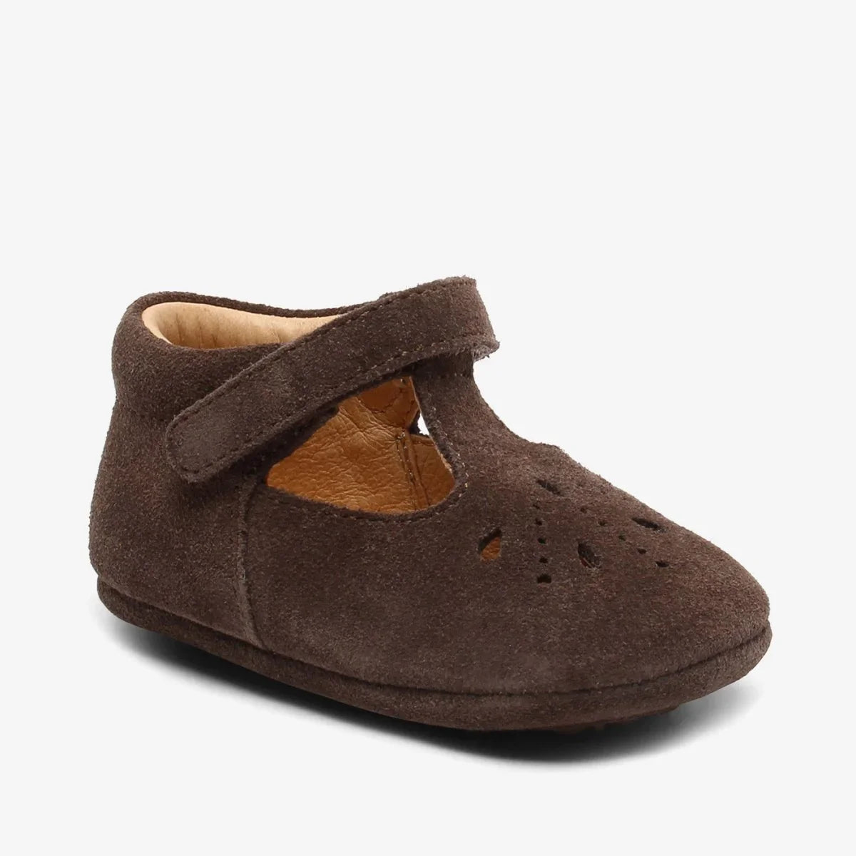 Mørkebrune baby sko i sammet med velcro, myke og bekvemme for små føtter