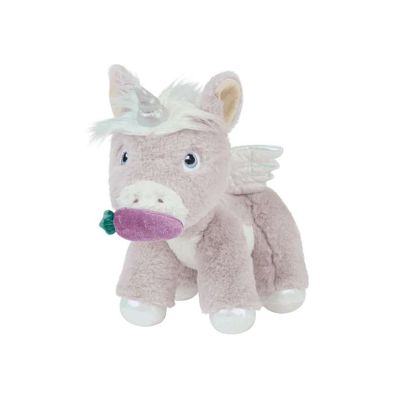 Myk plysunicorn med vinger og lilla snute, perfekt barneleketøy for små barn