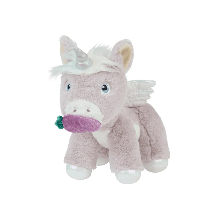 Myk plysunicorn med vinger og lilla snute, perfekt barneleketøy for små barn