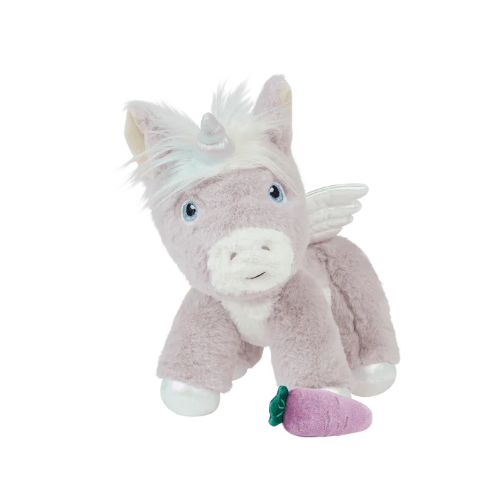 Myk lilla enhjørning plys med vinger og gullhorn, perfekt babygave eller barneklær tilbehør