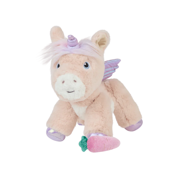 Myk plys unicorn med lilla vinger og gullhorn, perfekt barneleketøy for små barn
