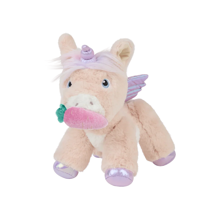 Myk plys unicorn med lilla vinger og horn, perfekt barneleketøy for små barn