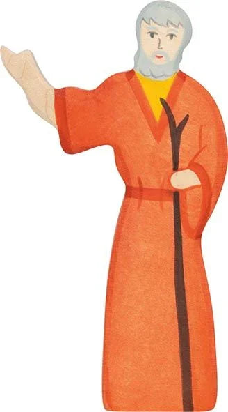 Illustrasjon av en mann i oransje kappe med stave, muligens bibelsk figur