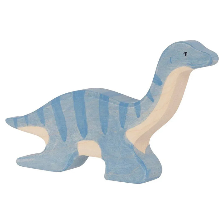 Blå treleketøy dinosaur med striper, mykt og bærekraftig leke for barn 0-8 år