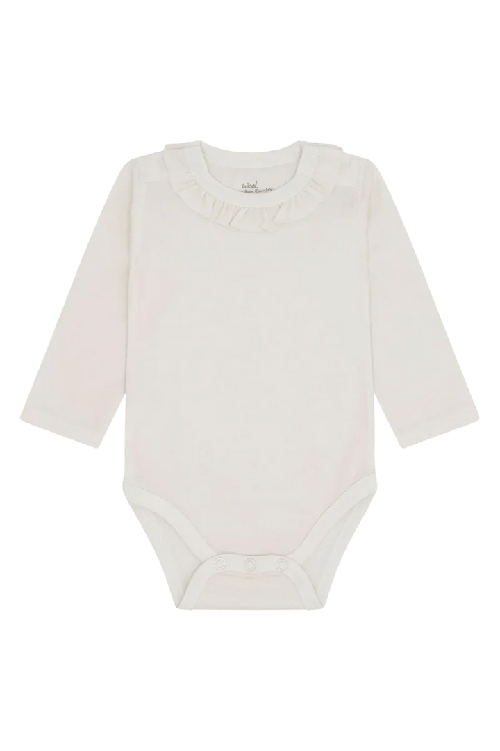 Hvit babybody med ruffelkrage og lange ermer, myk ull for spedbarn 0-8 år