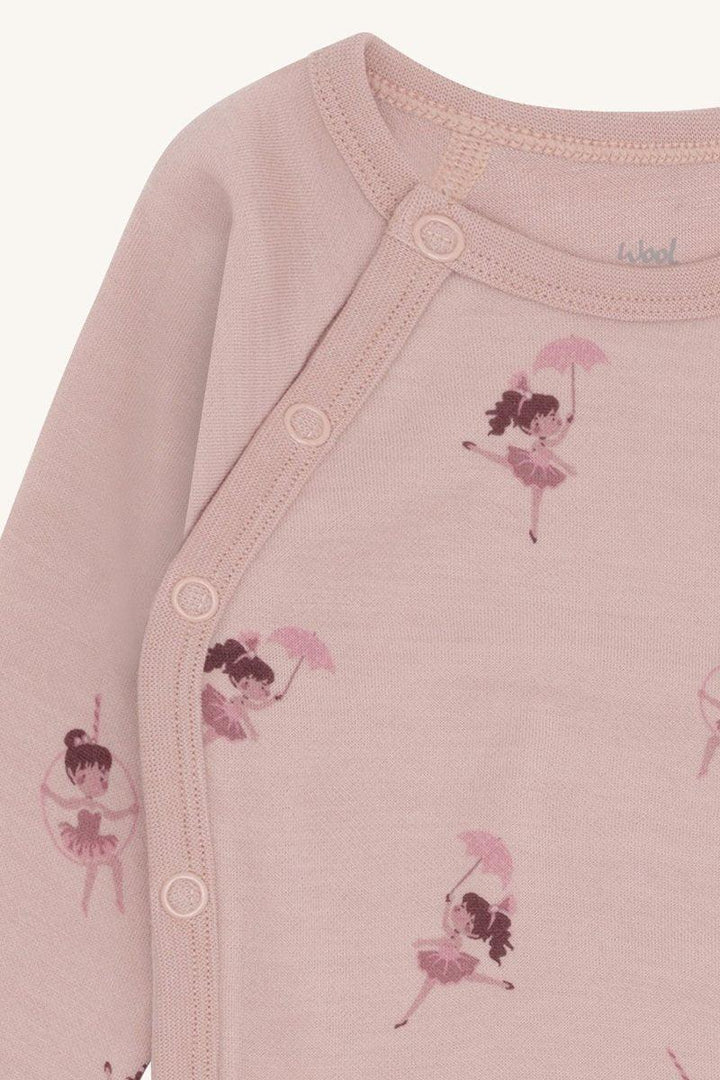 Lysrosa babybody med ballerina-mønster og knapper, myk ullkjole for spedbarn