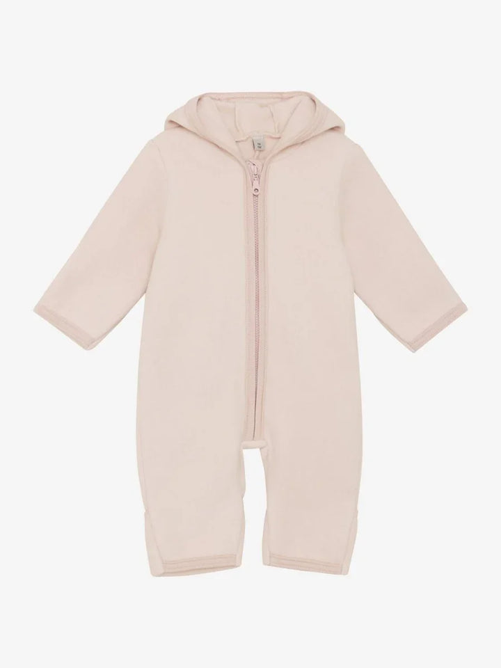 Myk rosa babyoverall med hette og full glidelås, perfekt for spedbarn 0-8 år