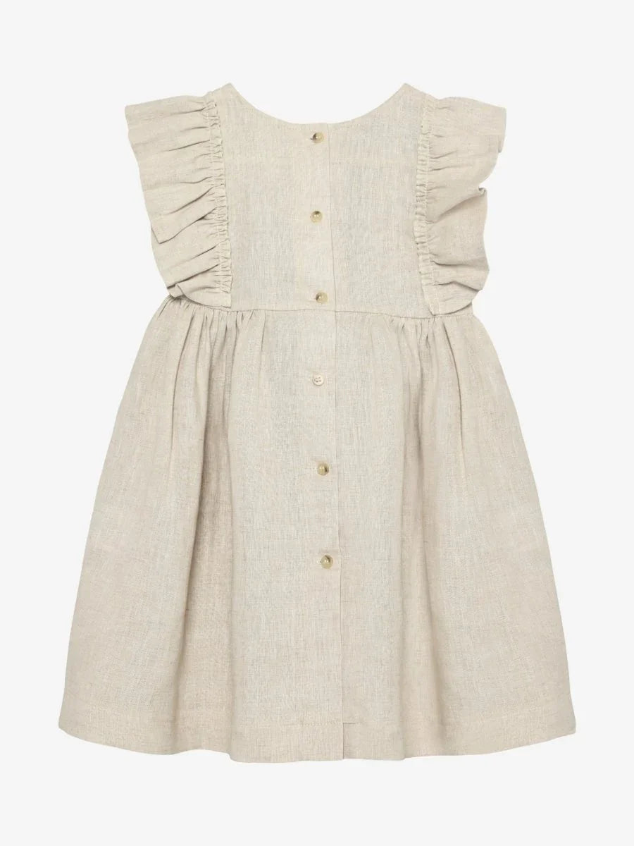 Lys beige linndress med rynker og knapper for spedbarn og småbarn