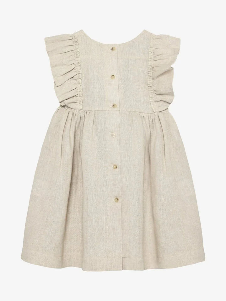 Lys beige linndress med rynker og knapper for spedbarn og småbarn