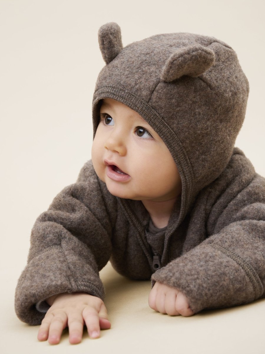 HUTTEliHUT | Pram Suit Ears Wool Fleece - Brown Melange | Torgunns Barneklær AS