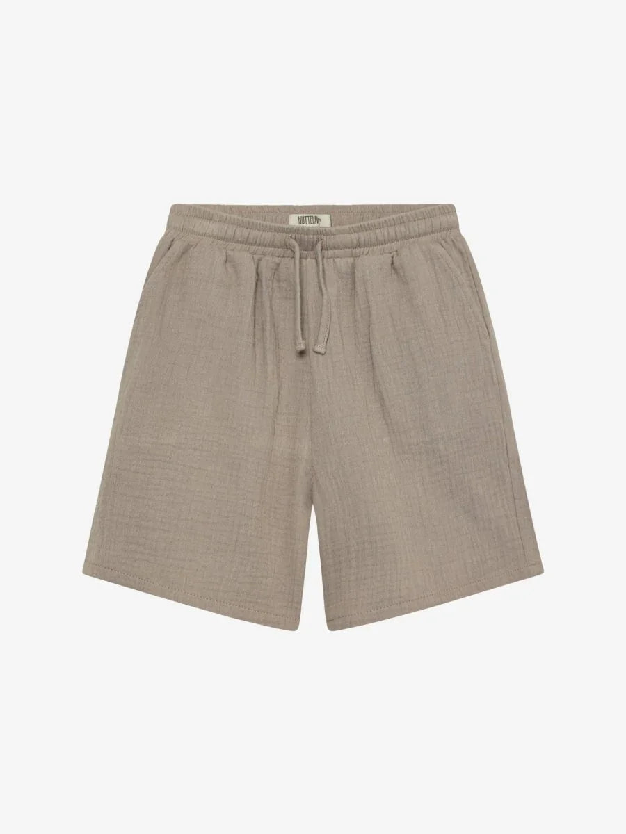 Beige barneshorts med elastisk liv og trekord, myk tekstil for komfort