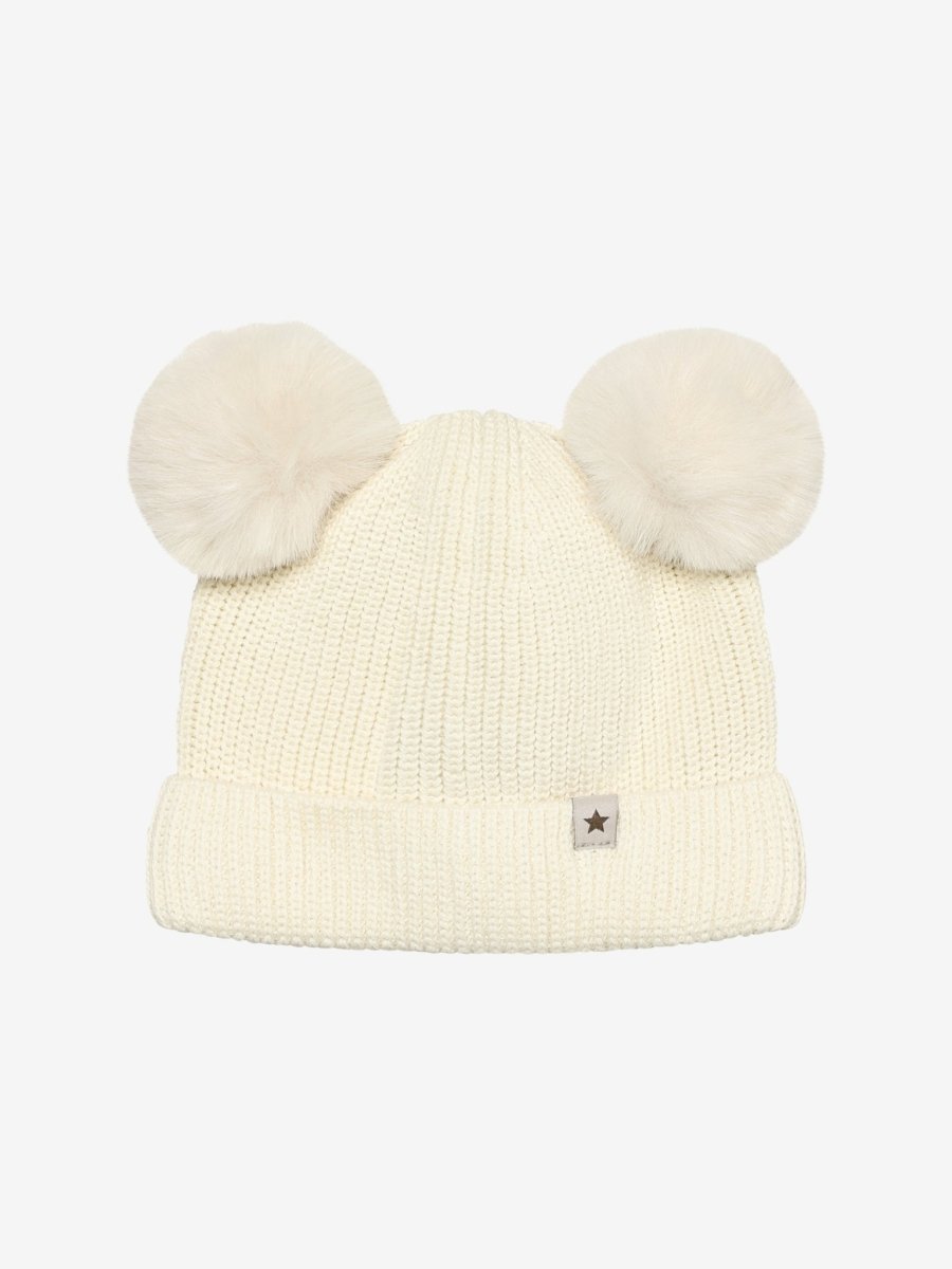 HUTTEliHUT | Strikkelue med dusker – Antique White | Torgunns Barneklær AS