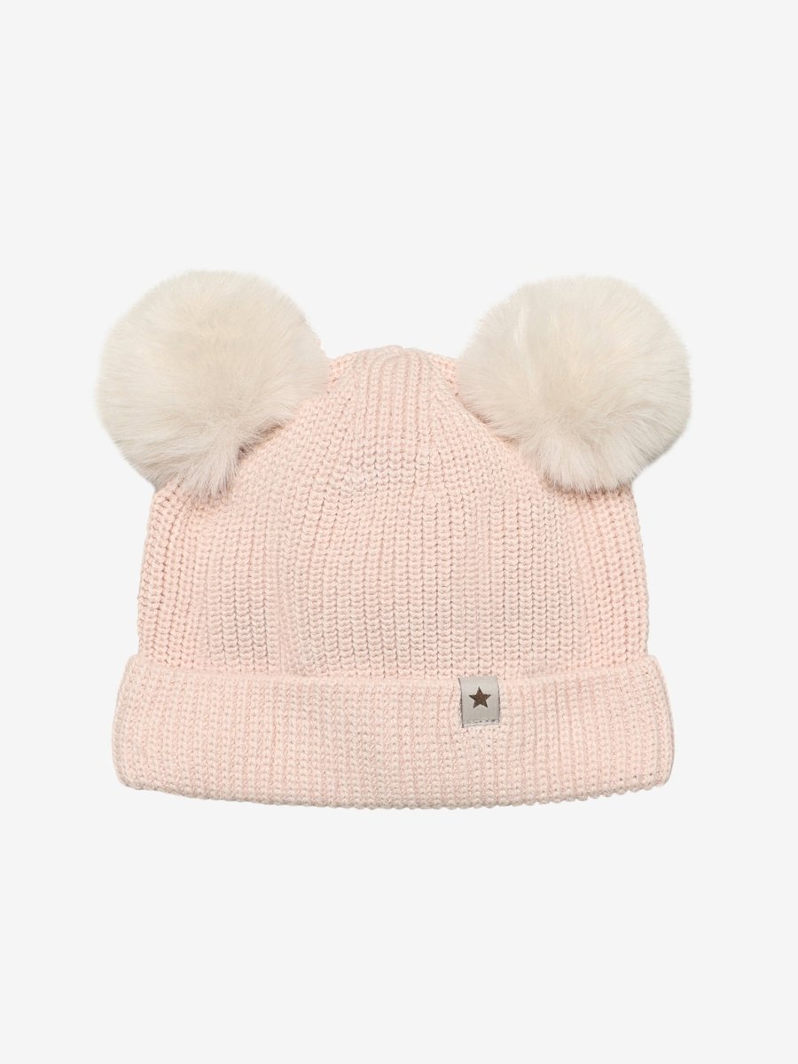 HUTTEliHUT | Strikkelue med dusker – Peach Blush | Torgunns Barneklær AS