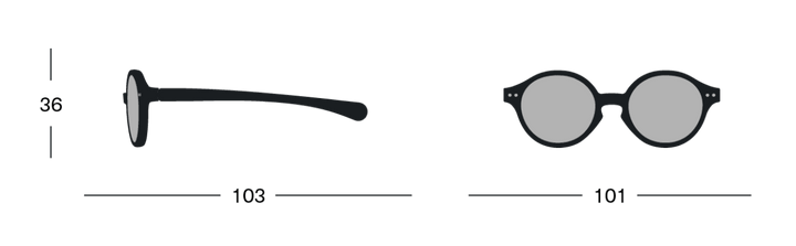 Måltegn for barnesolbriller med dimensjoner 36, 103 og 101 mm