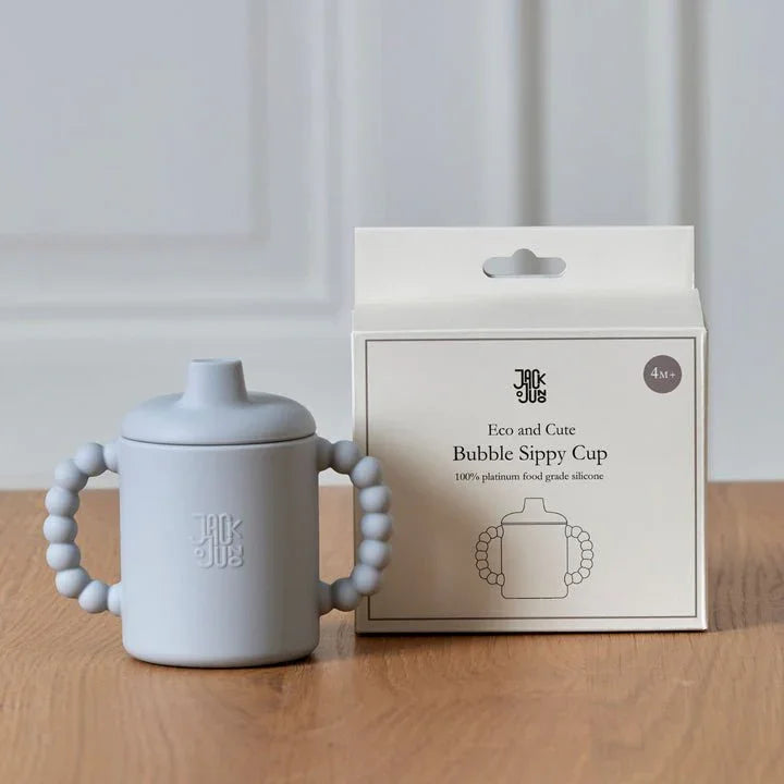 Grå silikone sippy cup med perlehåndtak, 4m+, eco og cute design for spedbarn og småbarn