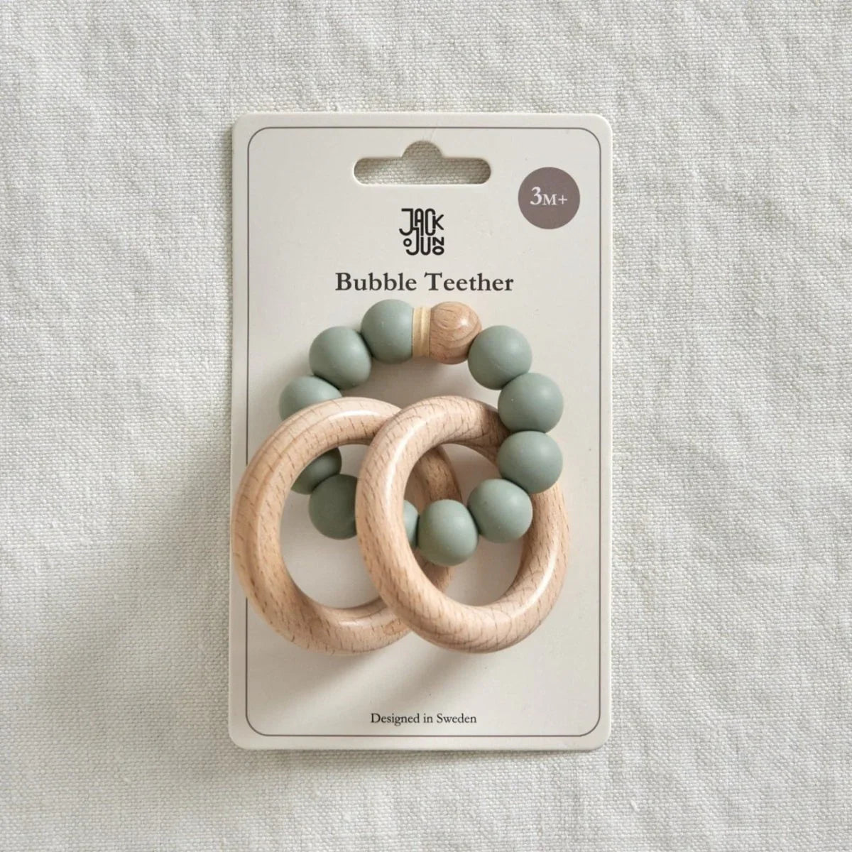 Jack & Jus Bubble Teether med tre og silikonperler, 3M+, designet i Sverige