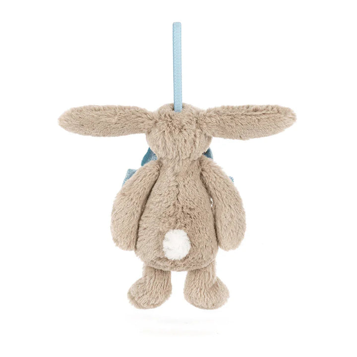 Myk plys kanin med blå bånd og hvit hale, perfekt babygave eller barneklær tilbehør