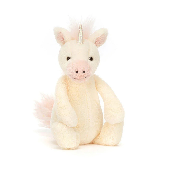 Myk plys unicorn med rosa manke og hale, perfekt barneleketøy for små barn