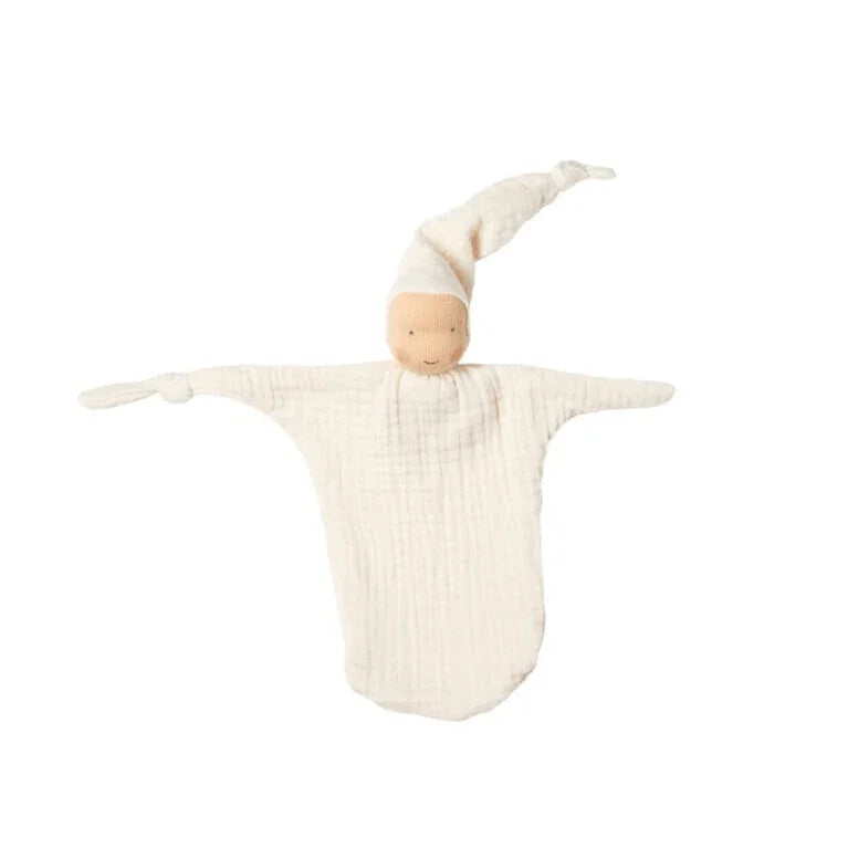 Myk muslin dukke i hvit ull, perfekt som babygave eller trøstedyr for spedbarn