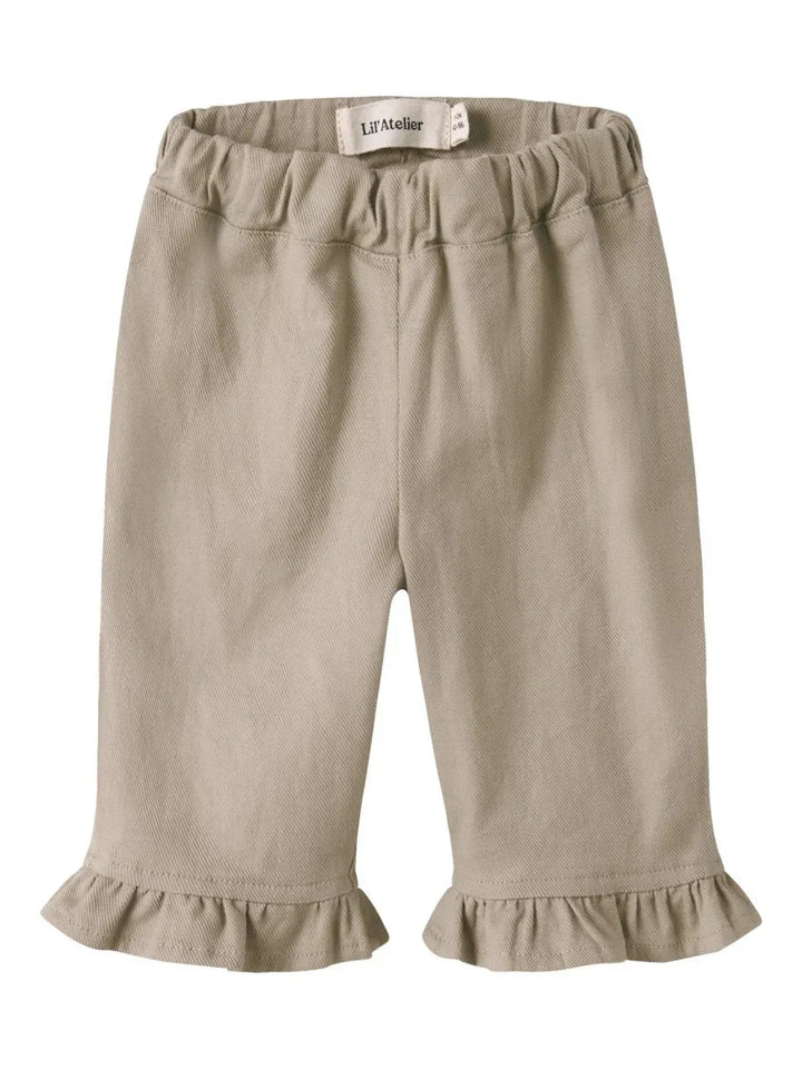 Beige babybukser med ruffler og elastisk liv, myke barneklær for små barn
