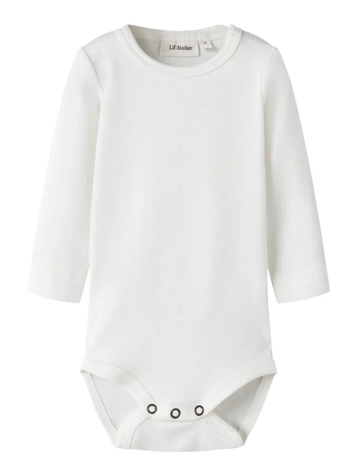 Hvit babybody med lange ermer og knapper, myk ullblanding for spedbarn 0-8 år