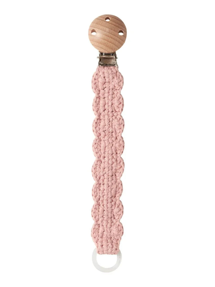 Rosa hæklet babyklippe med treknapp og ring, perfekt til barneklær og babyutstyr