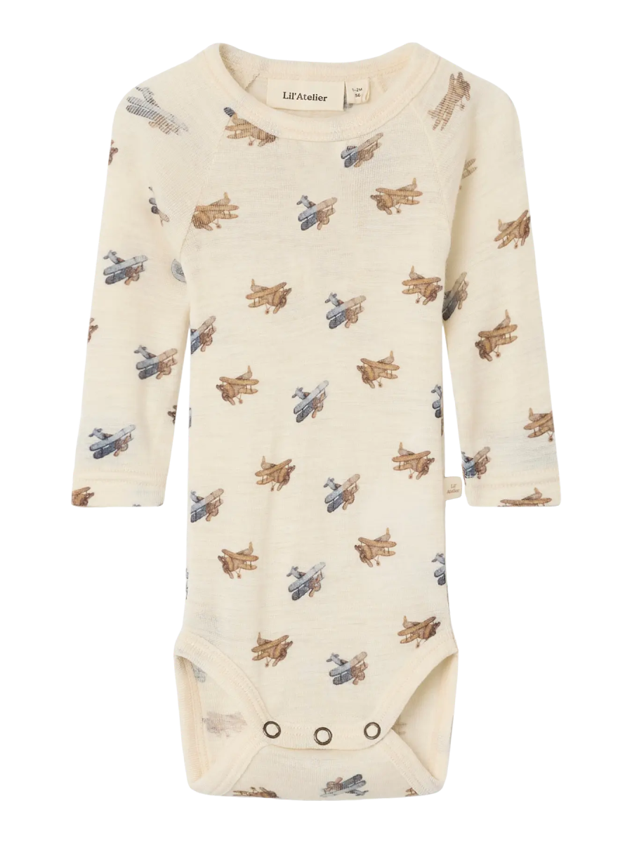 Lil' Atelier Baby WOOL NALU LS SLIM BODY NOOS - Turtledove Melange | Airplane | Torgunns Barneklær AS