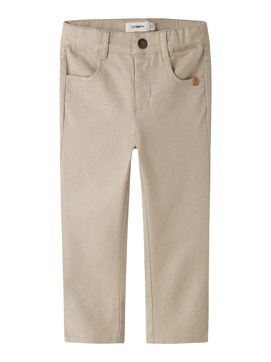 Beige barnsbukser med lommer og knapp, myk stoff for små barn 0-8 år