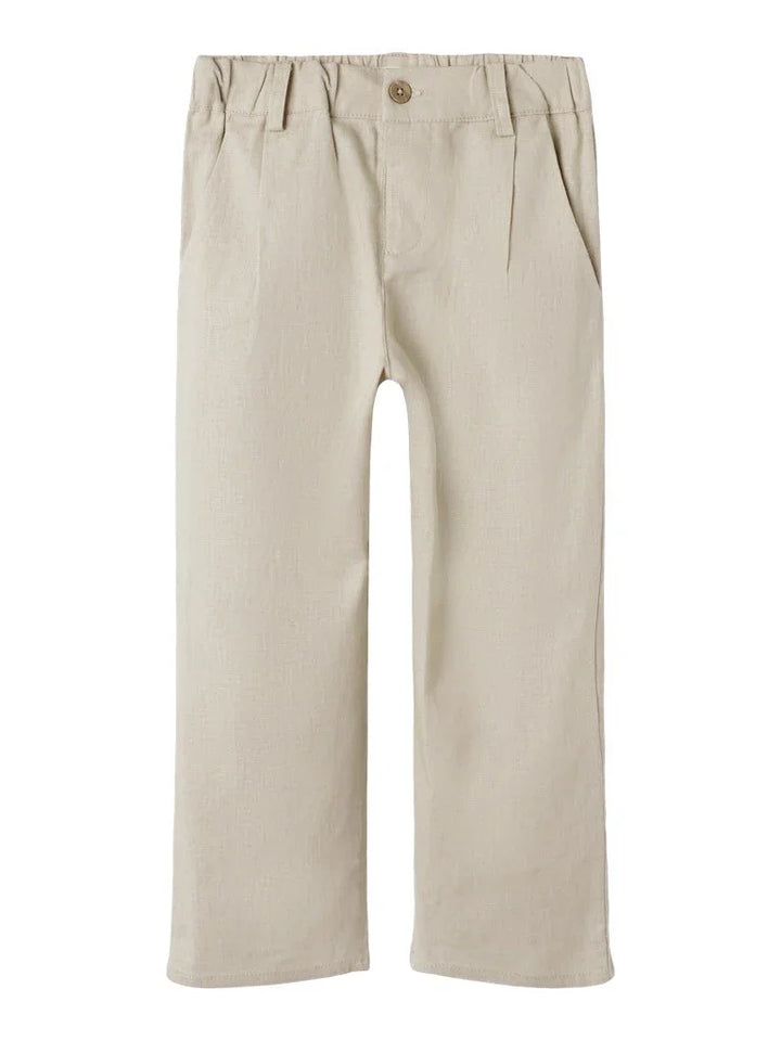 Beige barnetrousers med elastisk liv og knapp, myke og bærekraftige barneklær for 0-8 år
