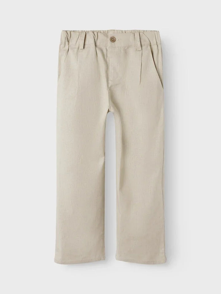 Beige barnsbukser med elastisk liv og knapp, myke og komfortable for små barn