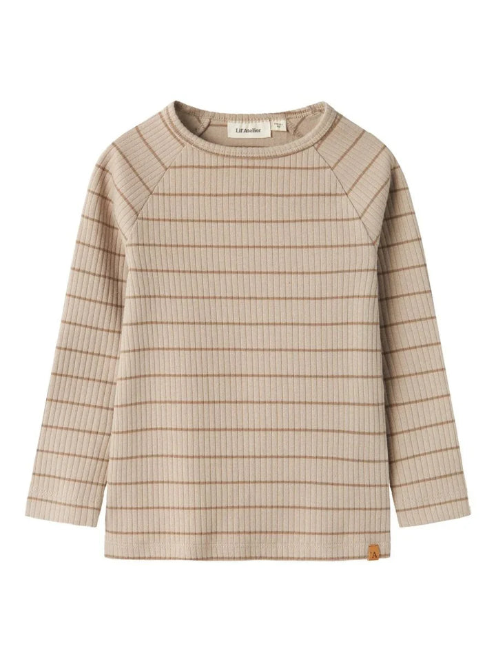 Myk strikket barnebluse med ruter i beige og brun, perfekt for baby og småbarn 0-8 år