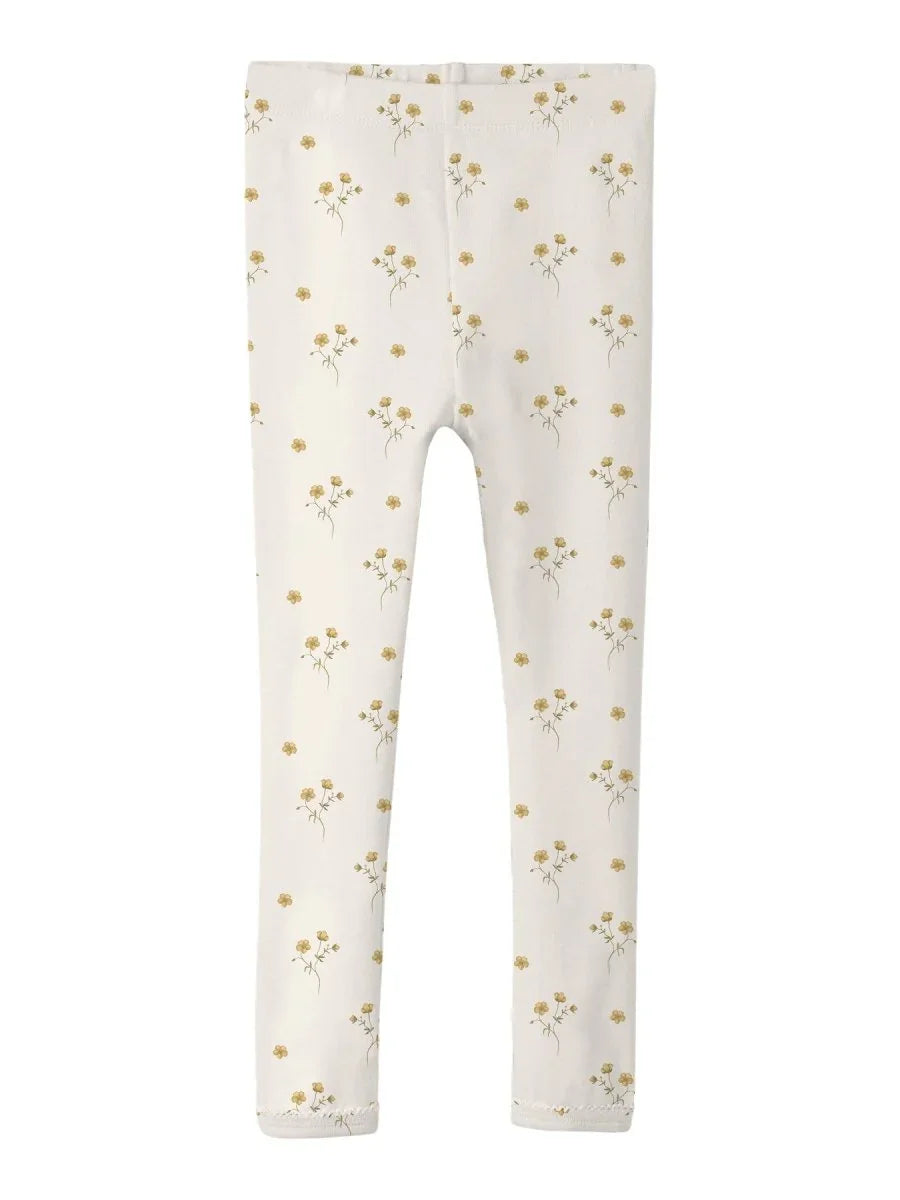 Hvit barneleggings med gule blomstermønster, myk og bekvem for små barn