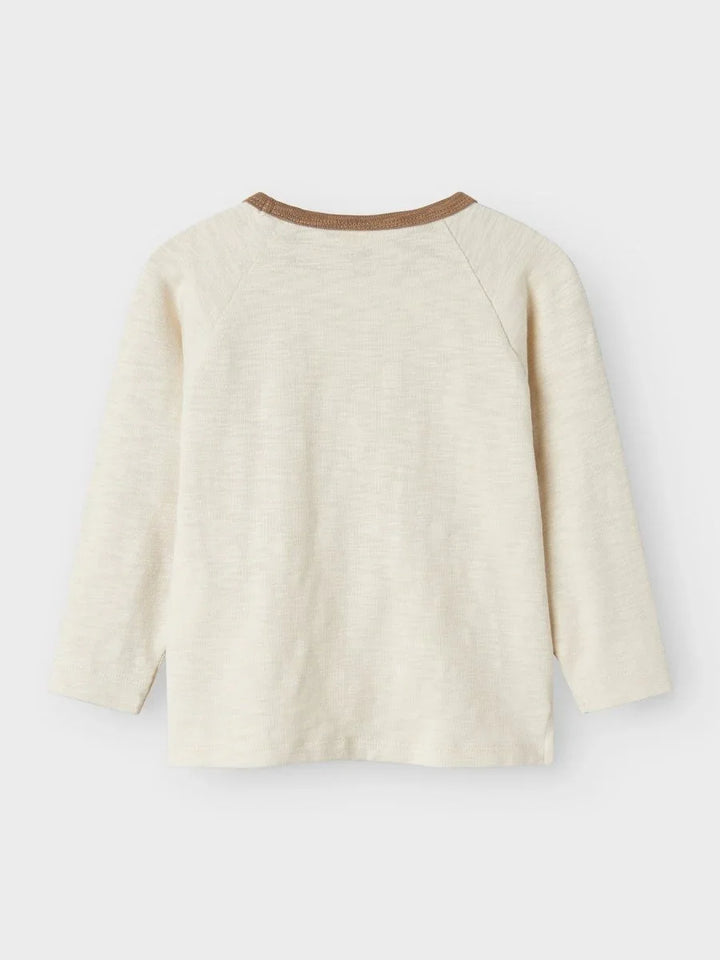 Beige langærmet babytrøye med brun kant, myk ullblanding for spedbarn og småbarn