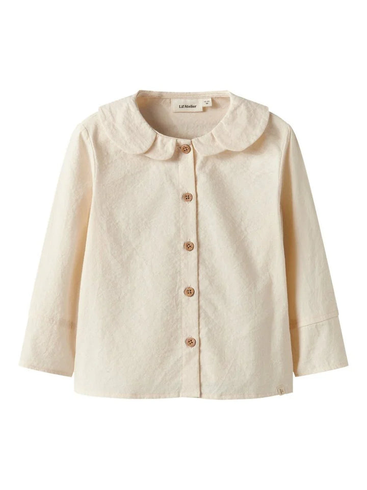 Lys beige barnebluse med Peter Pan-krage og knapper, myk tekstil for spedbarn og småbarn