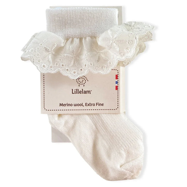 Hvit ull sokk med spets for baby, Merino ull, ekstra fin kvalitet