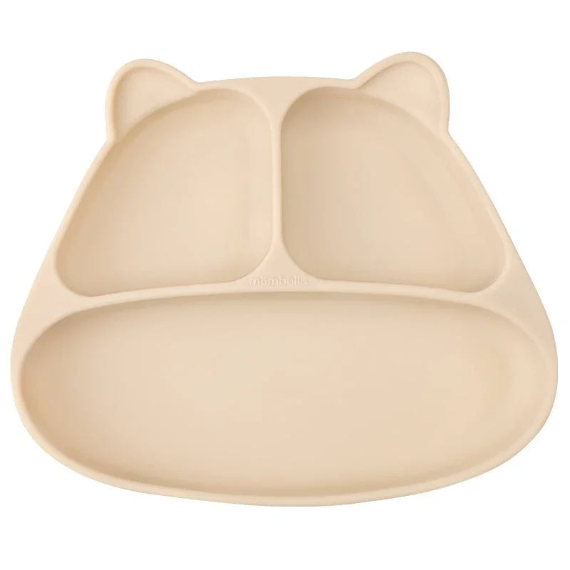 Beige babyplate med kattøre og tre fag, perfekt for spedbarn og småbarn