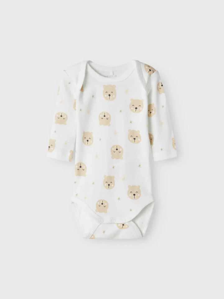 Hvit babybody med gule bjørnemotiver og stjerner, myk og bekvem for spedbarn 0-8 år