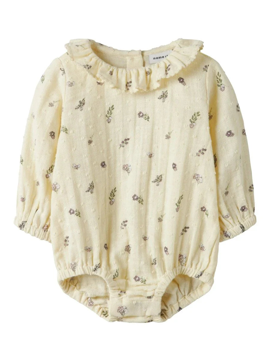 Gul blomsterprint babybody med rynkete ermer og krage, myk ullblanding for spedbarn